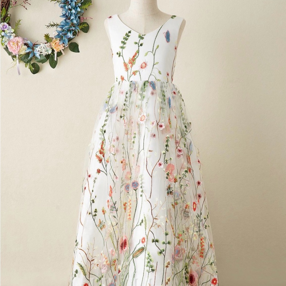 A-line V-Neck Floor-Length Lace Floral Flower Girl Dress With Bow